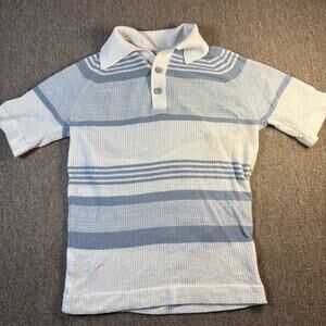 Vintage 70s JCPenney Knit Polo Shirt Blue White Striped Textured L Coastal